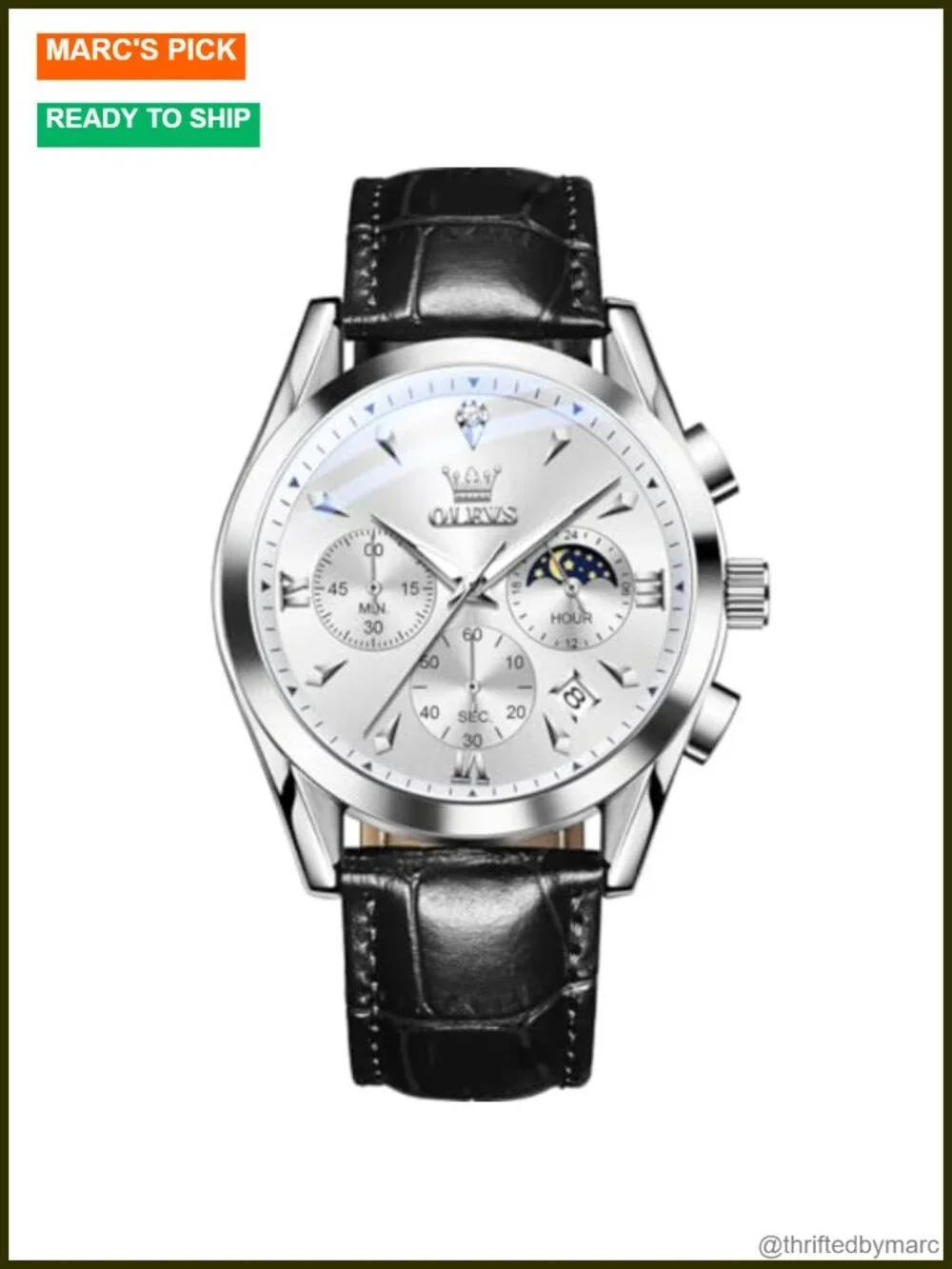 Leather Strap Analog Quartz Watch with Moon Phase and Date